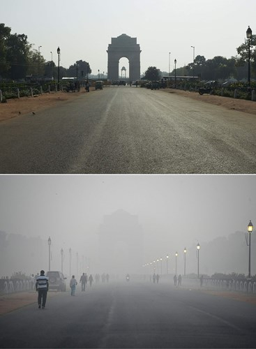 H&igrave;nh ảnh cho thấy sự kh&aacute;c biệt của di t&iacute;ch Cổng Ấn Độ ở New Delhi ng&agrave;y 19/9/2018 v&agrave; ng&agrave;y 2/11/2018./. Ảnh: AFP
