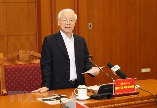 Tổng B&iacute; thư, Chủ tịch nước Nguyễn Ph&uacute; Trọng ph&aacute;t biểu tại cuộc họp.