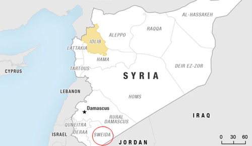 Phiến qu&acirc;n IS đang cố thủ ở khu vực n&uacute;i lửa thuộc tỉnh Sweida, miền nam Syria. Đồ họa:&nbsp;BBC.