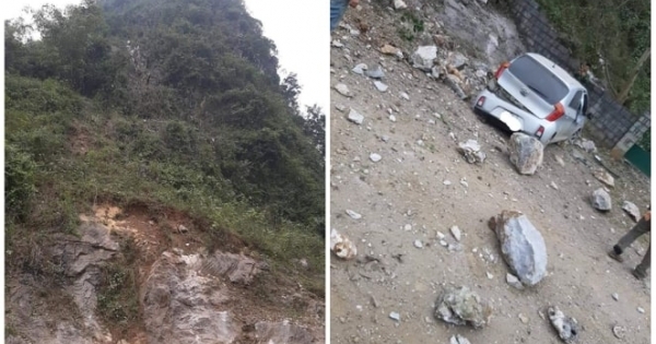 Động đất tại Cao Bằng, đá núi lở khiến một ô tô bị hư hỏng