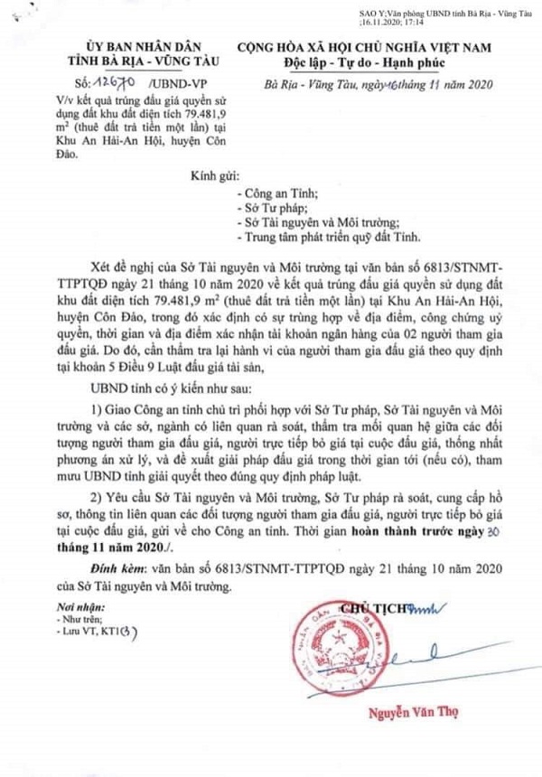 Văn bản số 12670/UBND - VP của UBND tỉnh Bà Rịa-Vũng Tàu.