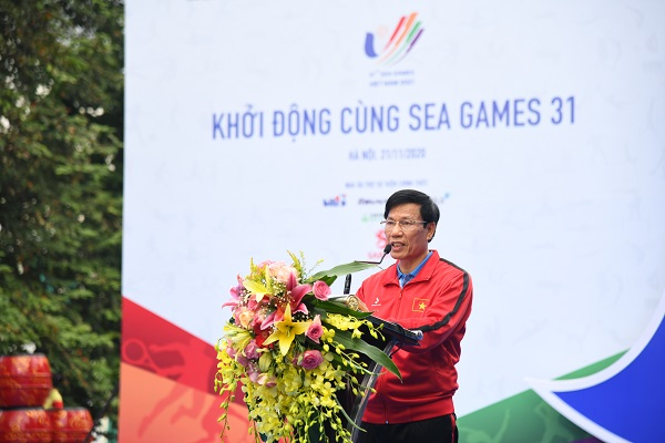 Bộ trưởng Nguyễn Ngọc Thiện phát biểu khai mạc Chương trình “Khởi động cùng SEA Games 31”. Ảnh: Tổng cục TDTT