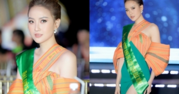 Hoa hậu Khánh Ngân khoe dáng thon, chân dài với đầm dạ hội thổ cẩm