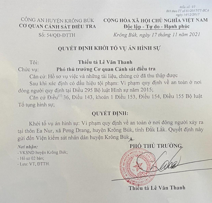 Quyết định khởi tố của Cơ quan CSĐT Công an huyện Krông Buk.