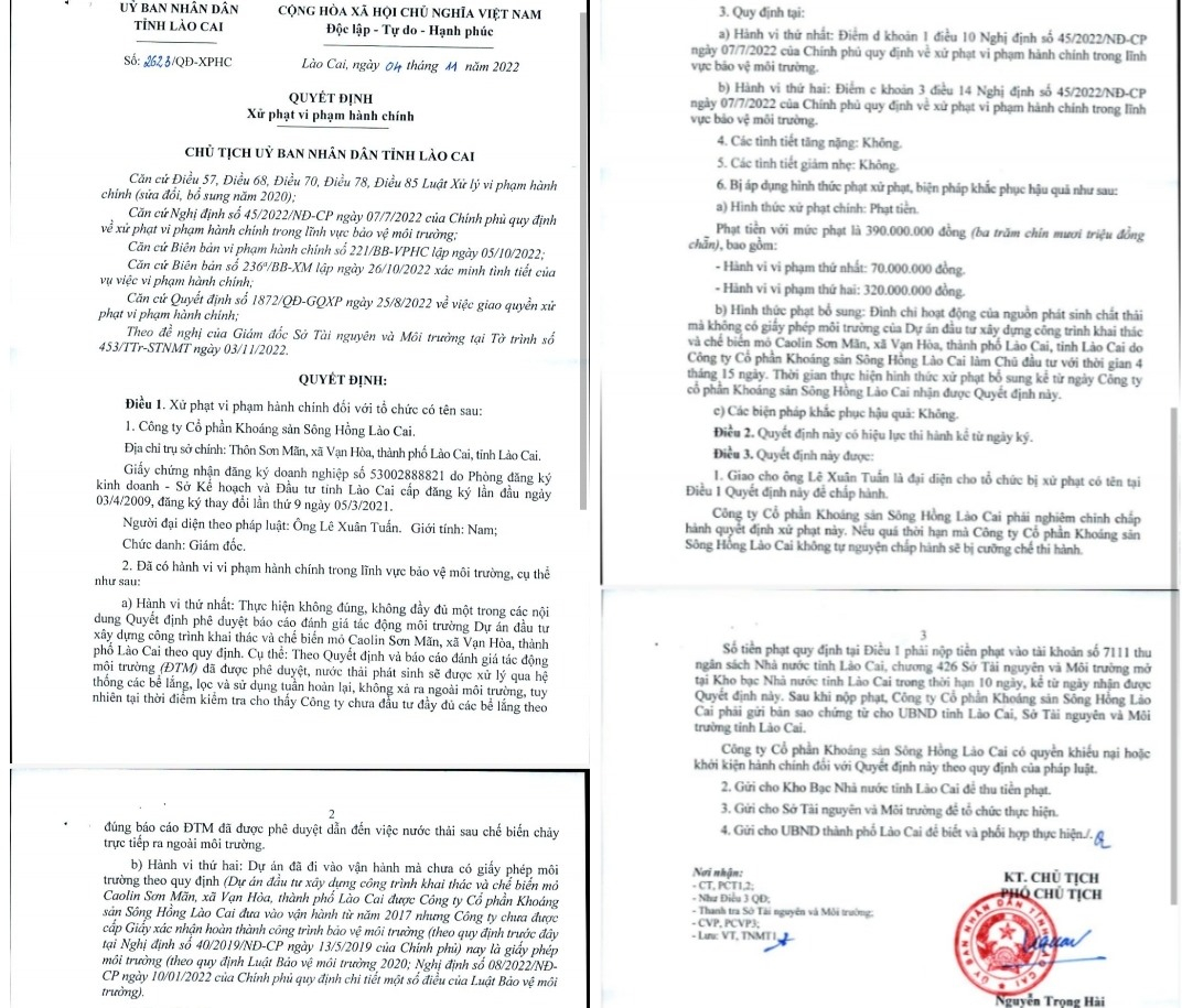 Quyết định xử phạt của UBND tỉnh Lào Cai đối với mỏ cao lanh gây ô nhiễm môi trường của Công ty CP Sông Hồng Lào Cai.