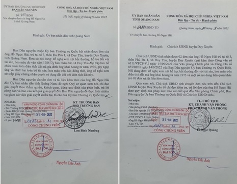 Văn bản số 855/BDN của Ban Dân nguyện và Văn bản số 6A2A của UBND tỉnh Quảng Nam gửi Chủ tịch UBND huyện Duy Xuyên.