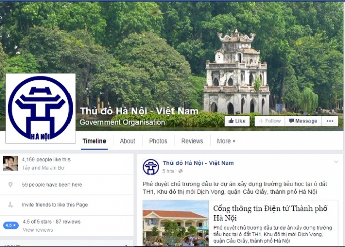 Giao diện facebook ch&iacute;nh quyền H&agrave; Nội