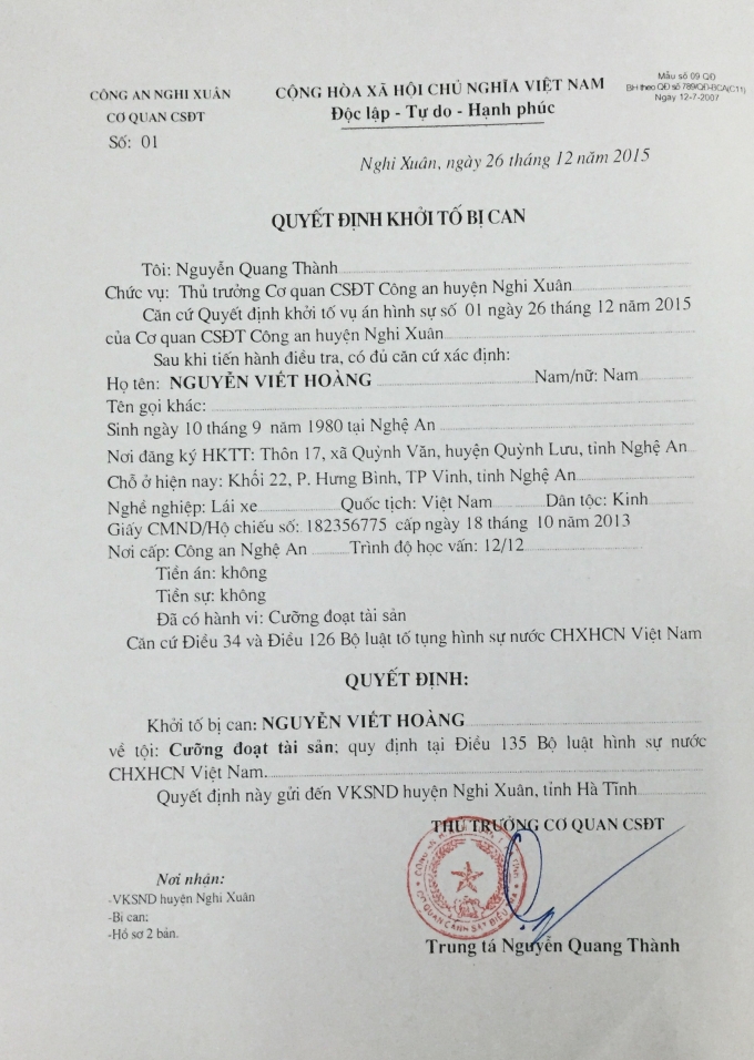 Quyết định khởi tố bị can đối với Nguyễn Viết Ho&agrave;ng về tội &ldquo;Cưỡng đoạt t&agrave;i sản&rdquo;.