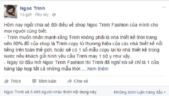 Ngọc Trinh chia sẻ 90% đồ trong shop đều copy. Ảnh: Chụp m&agrave;n h&igrave;nh Facebook.