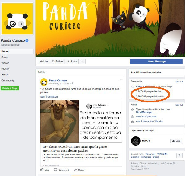 Phong c&aacute;ch vui vẻ đ&atilde; gi&uacute;p Bored Panda trở th&agrave;nh một trong những địa chỉ hấp dẫn nhất tr&ecirc;n Facebook v&agrave; thu h&uacute;t h&agrave;ng triệu lượt độc giả. Thống k&ecirc; tới ng&agrave;y 3/12/2017, facebook Bored Panda c&oacute; hơn 12,5 triệu lượt like v&agrave; share.