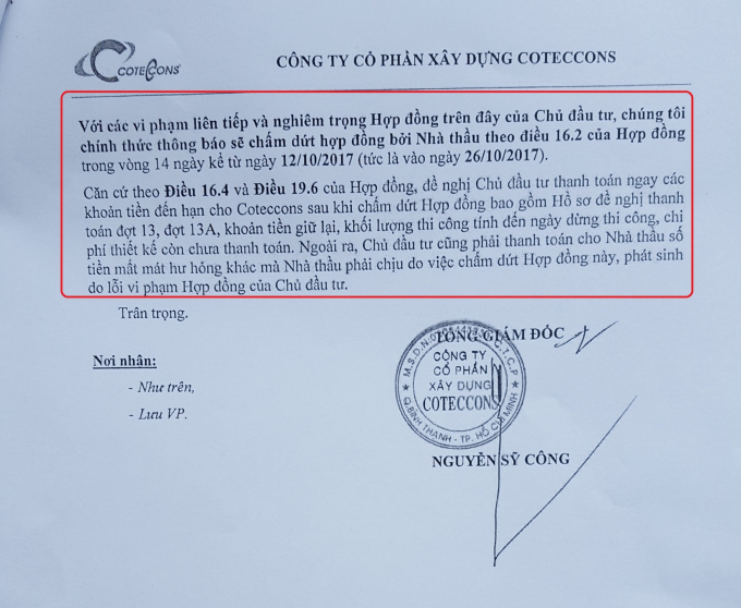 C&ocirc;ng văn số 2991/2017/CV-TGĐ của Coteccons
