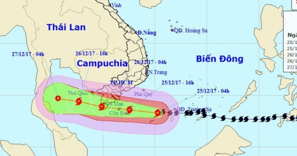 Khoảng tối và đêm 25/12, bão số 16 sẽ đi vào đất liền các tỉnh từ Bà Rịa-Vũng Tàu đến Cà Mau