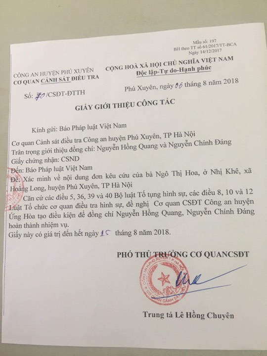 Giấy giới thiệu c&ocirc;ng t&aacute;c của C&ocirc;ng an huyện Ph&uacute; Xuy&ecirc;n gửi tới b&aacute;o Ph&aacute;p luật Việt Nam.