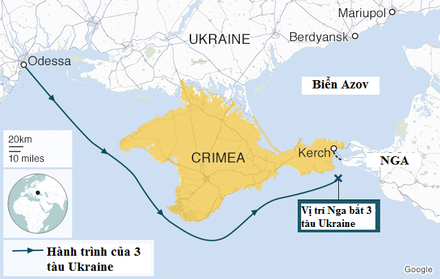 Bản đồ vị tr&iacute; eo biển Kerch nổi biển Đen v&agrave; biển Azov - nơi Nga bắt ba t&agrave;u chiến Ukraine (Ảnh: BBC)