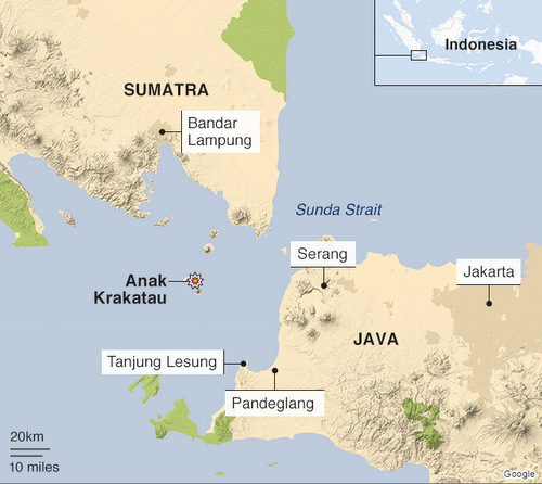 Vị tr&iacute; n&uacute;i lửa Anak Krakatau v&agrave; những v&ugrave;ng bị ảnh hưởng bởi s&oacute;ng thần h&ocirc;m 22/12. Đồ họa:&nbsp;BBC.