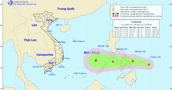 Trong đêm  29/12 áp thấp nhiệt đới đi vào Biển Đông và mạnh lên thành bão, giật cấp 10