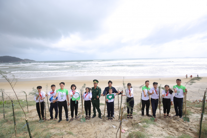 Các em học sinh, các bạn đoàn viên thanh niên tỉnh Bình Định cùng trồng cây phi lao dọc bờ biển trong chương trình Quỹ 1 triệu cây xanh cho Việt Nam.