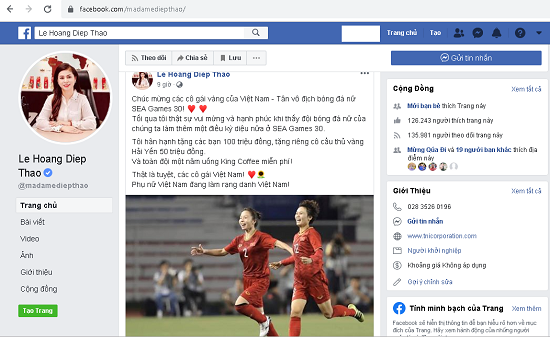 Bà Thảo chúc mừng đội tuyển bóng đá nữ Việt Nam. Ảnh:FBNV