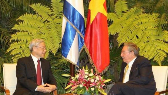 Đại tướng Raul Castro Ruz, Bí thư thứ nhất Ban chấp hành Trung ương Đảng Cộng sản Cuba hội đàm với Tổng Bí thư Nguyễn Phú Trọng trong chuyến thăm hữu nghị chính thức Cuba, ngày 9/4/2012.