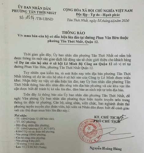 Thông báo của UBND phường Tân Thới Nhất, quận 12, TP HCM