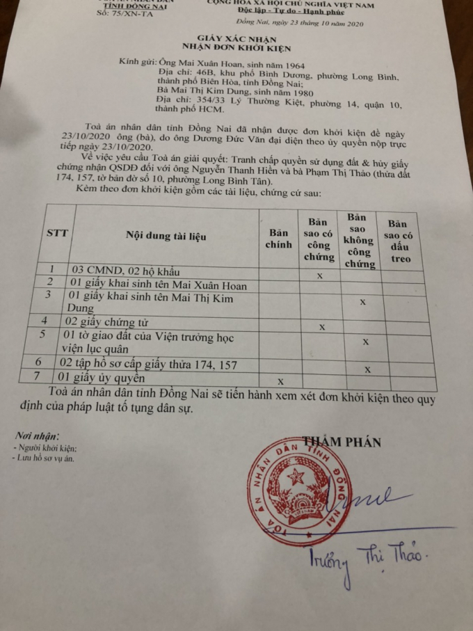 Giấy xác nhận nhận đơn khởi kiện về việc tranh chấp đất với ông Nguyễn Thanh Hiền.