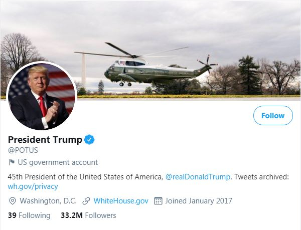 Tài khoản Twitter của Tổng thống Mỹ thứ 45 Donald Trump (ảnh chụp màn hình).