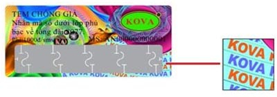 Quý khách hàng có thể thấy dòng chữ KOVA ở phía dưới góc phải của con tem bị che khuất một phần bởi phần phủ cào.