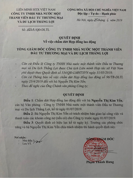 Quyết định trái pháp luật số 126A/QĐ-DLTL ngày 25/6/2019 về việc chấm dứt Hợp đồng lao động do ông Phạm Thành Hưng - Tổng Giám đốc Công ty Thắng Lợi ký ban hành.