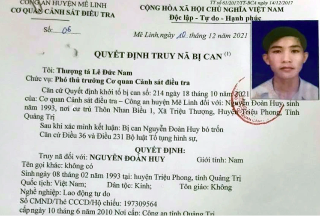Đối tượng Nguyễn Đoàn Huy bị phát lệnh truy nã (Ảnh: Công an Hà Nội).