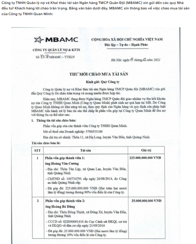 Thông báo của Công ty TNHH Quản lý nợ và Khai thác tài sản Ngân hàng TMCP Quân Đội. (Ảnh: mbamc.com.vn)