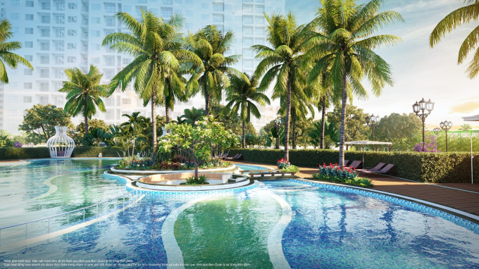 Hồ bơi ngoài trời Indochine Resort thiết kế như một ốc đảo nghỉ dưỡng 6* tại The Tonkin.
