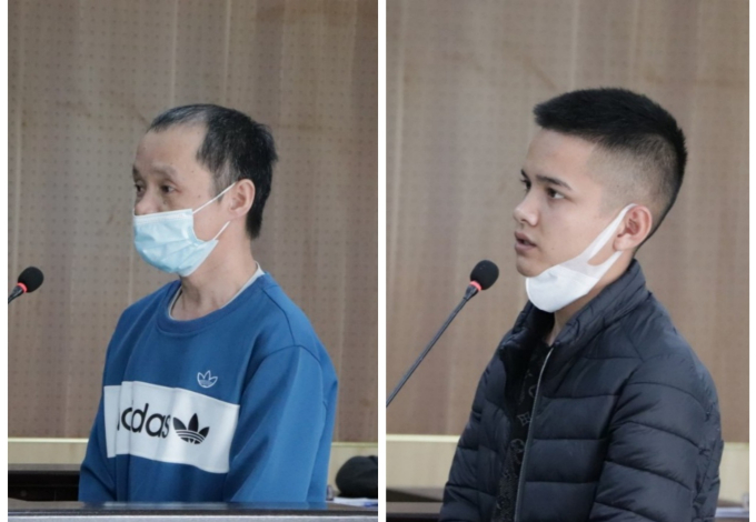 Hai bị cáo Lê Trần Sính (bên trái) và Lê Trần Tiến Đạt (bên phải) tại phiên tòa.