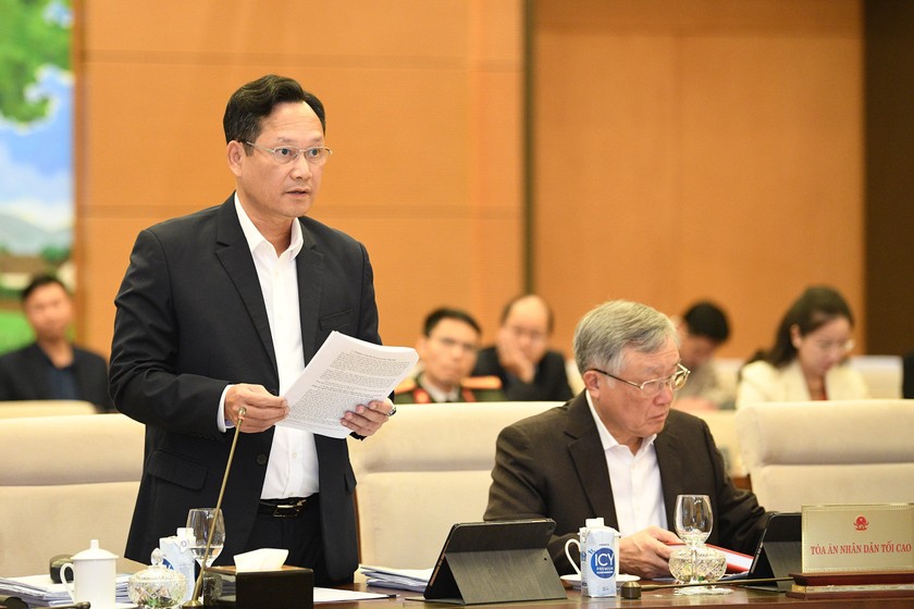 Phó Chánh án Tòa án nhân dân tối cao Nguyễn Văn Tiến trình bày Tờ trình dự án Pháp lệnh.