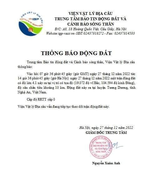 Thông báo động đất tại huyện Tương Dương ngày 27/12